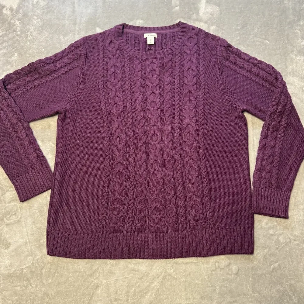 LL Bean Womens Cotton Cable Knit Tennis Prep Sweater Sz L P Classic Fisherman - Picture 2 of 9